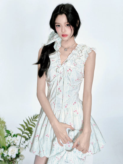 [4/23new popular new product] Fragile Store · Blue Platycodon V-neck waist floral bud skirt dress