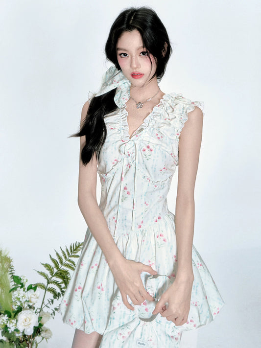 [4/23new popular new product] Fragile Store · Blue Platycodon V-neck waist floral bud skirt dress