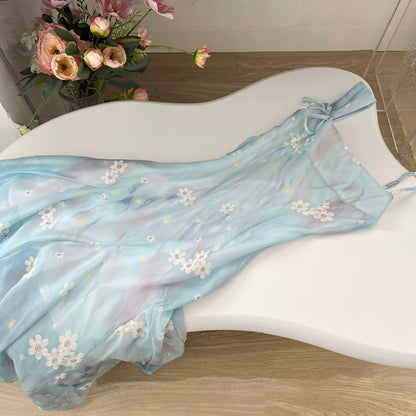 Youni blue smudged long floral one-line collar waist suspender dress for women summer French style skirt