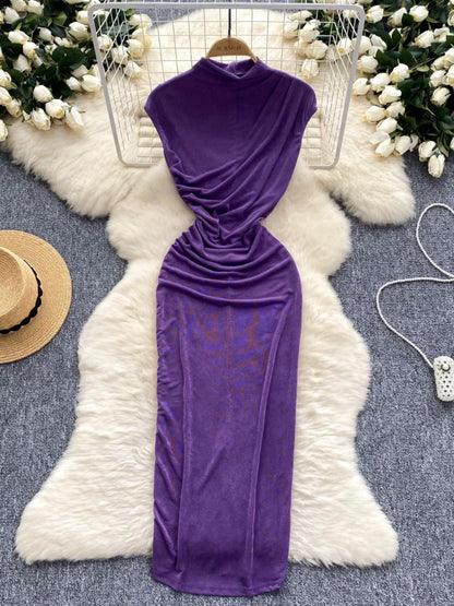 A sophisticated and elegant midi dress with a goddess-like aura, featuring subtle pleats that accentuate the waist and create a slimming effect. A European-style long bodycon dress.