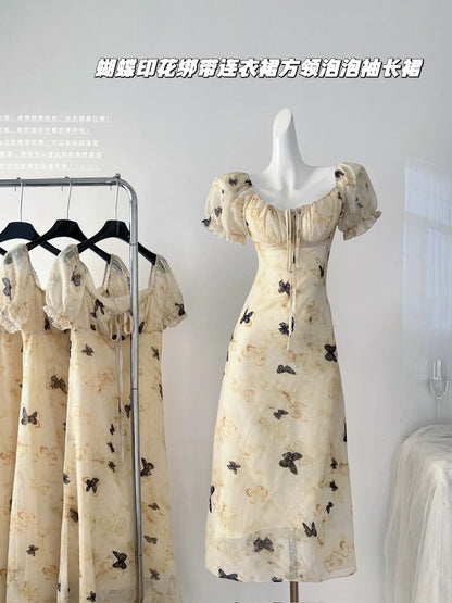 Youni's homemade Southern Evening Breeze 2.0 Butterfly Print Strap Dress Women's Spring Square Neck Puff Sleeve Long Dress