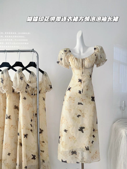 Youni's homemade Southern Evening Breeze 2.0 Butterfly Print Strap Dress Women's Spring Square Neck Puff Sleeve Long Dress