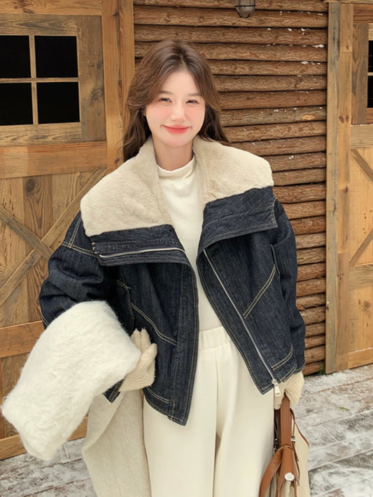High-end and super good-looking casual large lapel denim jacket for women 2024 winter new fashion plus velvet warm jacket