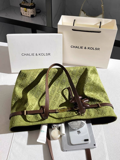 CHALIE&KOLSR Women's Vintage-Style Embossed Large-Capacity Tote Bag – 2026 Summer New Arrival, Sophisticated Shoulder Bag