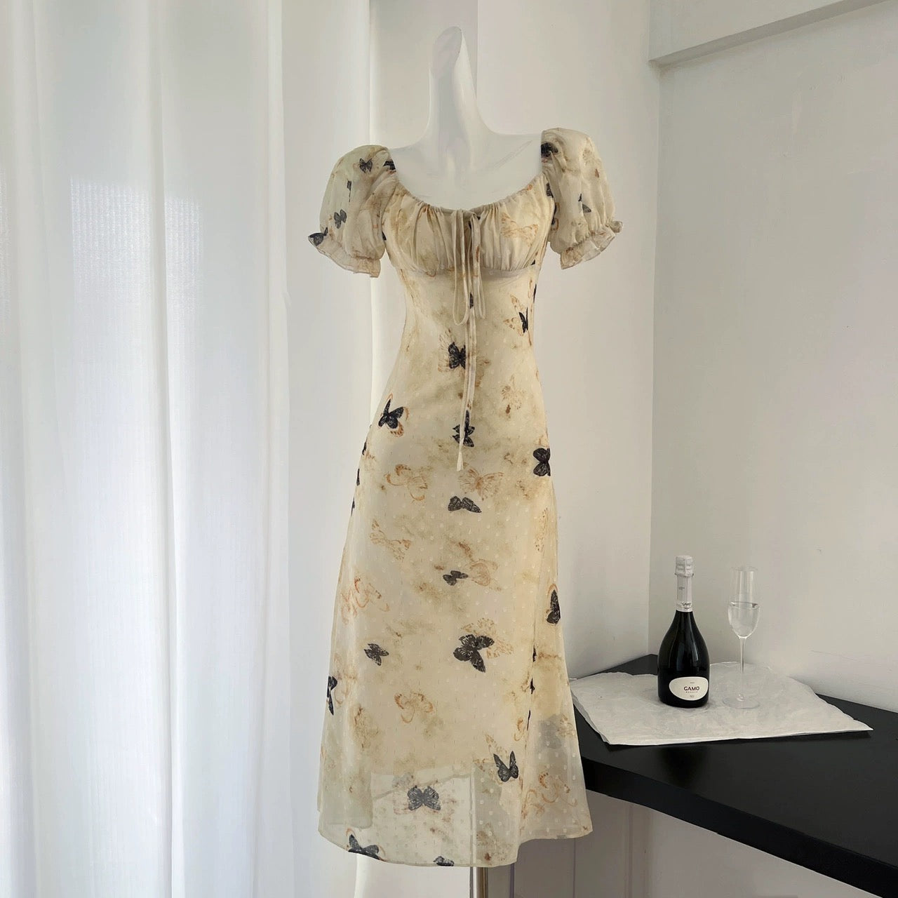 Youni's homemade Southern Evening Breeze 2.0 Butterfly Print Strap Dress Women's Spring Square Neck Puff Sleeve Long Dress