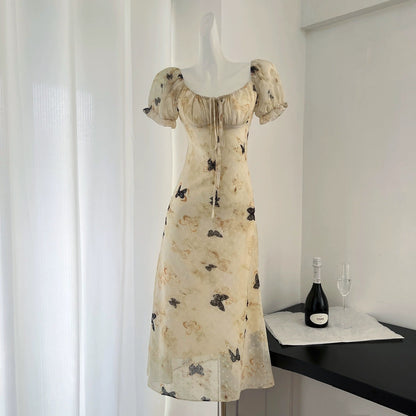 Youni's homemade Southern Evening Breeze 2.0 Butterfly Print Strap Dress Women's Spring Square Neck Puff Sleeve Long Dress