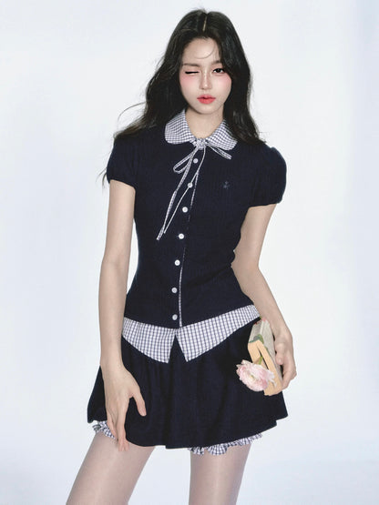 fragileheart fragile store · Korean style girls high school style plaid shirt short sleeve early spring two-piece suit