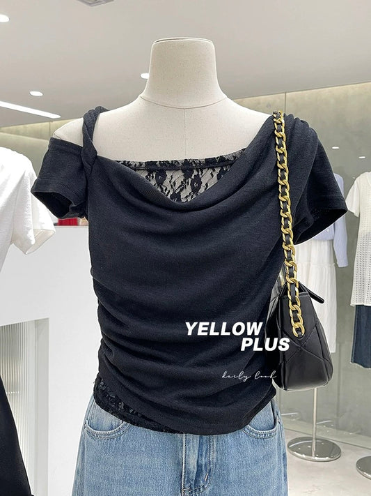 Pure desire splicing lace chic design short-sleeved top 2025 spring and summer new fashionable slim shoulder T-shirt for women