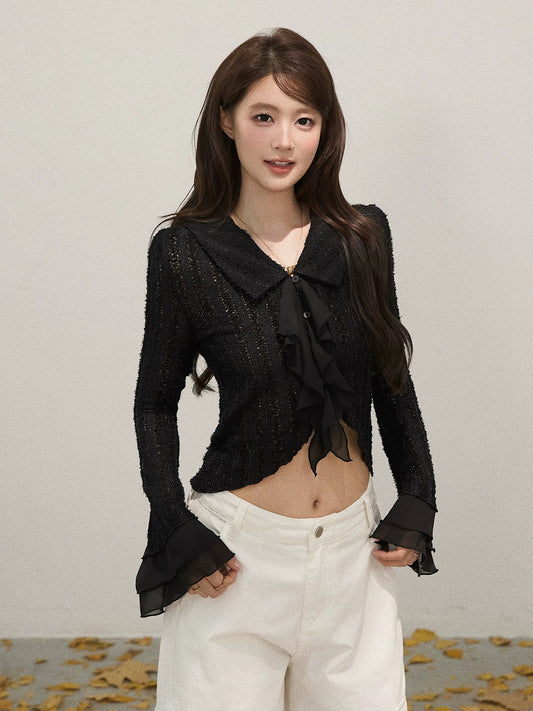 Xie Burou Lapel Splicing Trumpet Sleeve Long Sleeve Knitted Sweater Women's Autumn Retro Sequin Design Short Top