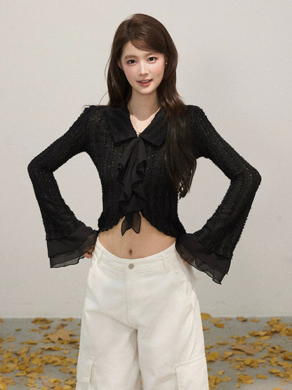 Xie Burou Lapel Splicing Trumpet Sleeve Long Sleeve Knitted Sweater Women's Autumn Retro Sequin Design Short Top