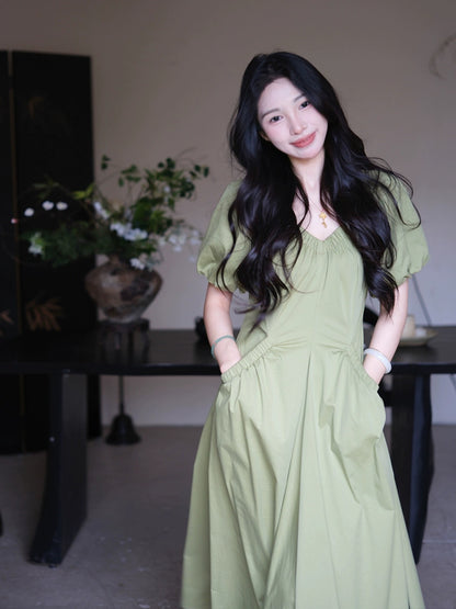Spot TYANG Eryang [Qiongyu] Chinese style new Chinese v-neck dress women's waist design short-sleeved summer