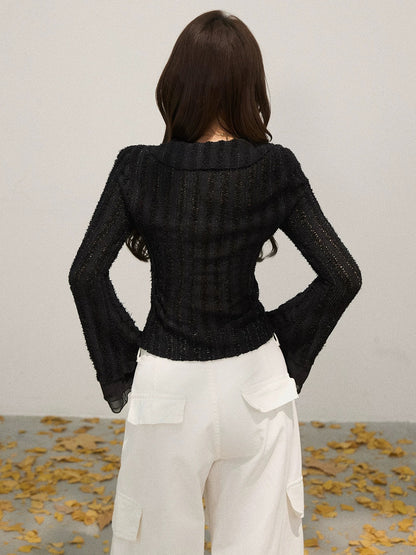 Xie Burou Lapel Splicing Trumpet Sleeve Long Sleeve Knitted Sweater Women's Autumn Retro Sequin Design Short Top