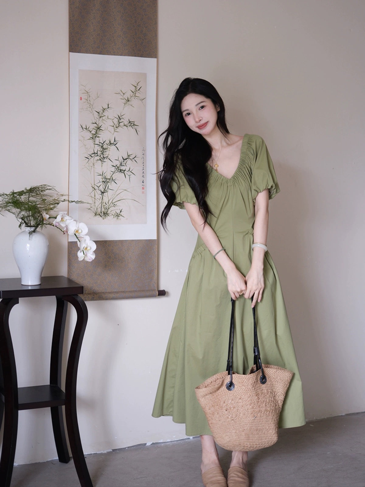 Spot TYANG Eryang [Qiongyu] Chinese style new Chinese v-neck dress women's waist design short-sleeved summer