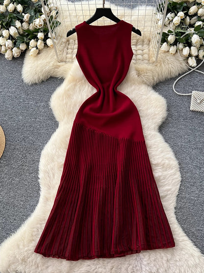 High-end knitted patchwork irregular mesh dress for women, summer French style, slimming and elegant sleeveless long dress.