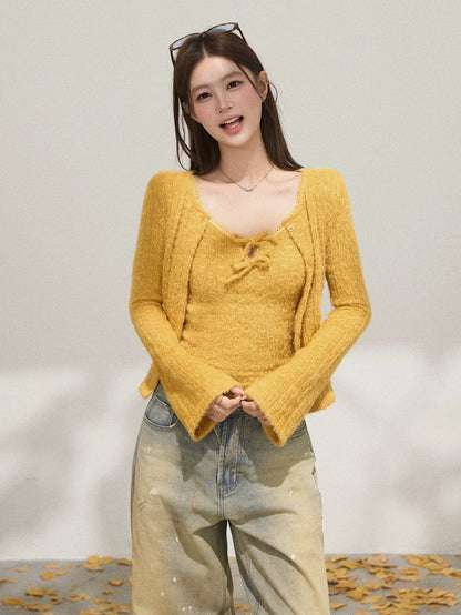 Xie Burou flared sleeve collarless button-down sweater cardigan women's autumn lace-up inner wear slim wool vest suit