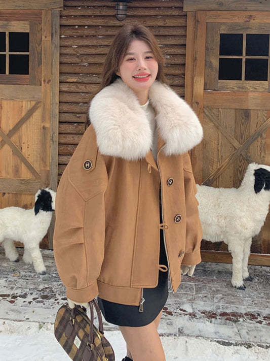 Khaki temperament and high-end sense big fur collar down jacket for women 2024 winter new high-end foreign style thickened fur one