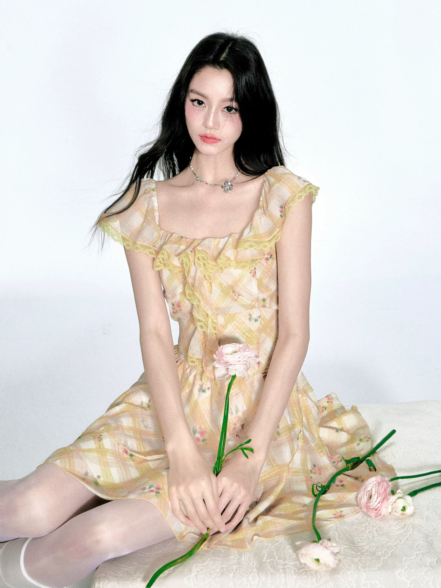 【4/23new】Fragile Store·French ruffled floral plaid dress romantic holiday style dress