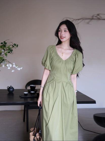 Spot TYANG Eryang [Qiongyu] Chinese style new Chinese v-neck dress women's waist design short-sleeved summer