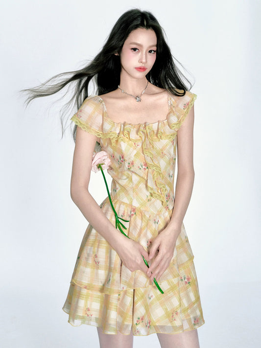 【4/23new】Fragile Store·French ruffled floral plaid dress romantic holiday style dress