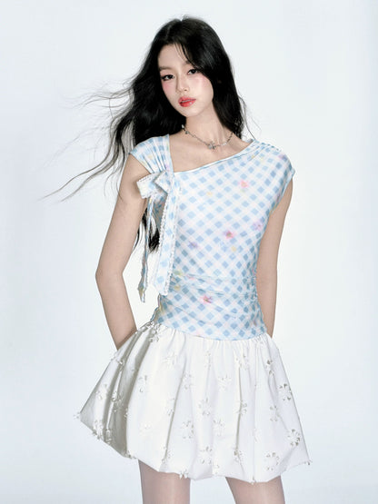【4/23new】Fragile Store · Summer Special Blue and White Plaid Off-shoulder Short-sleeved Design T-shirt Top