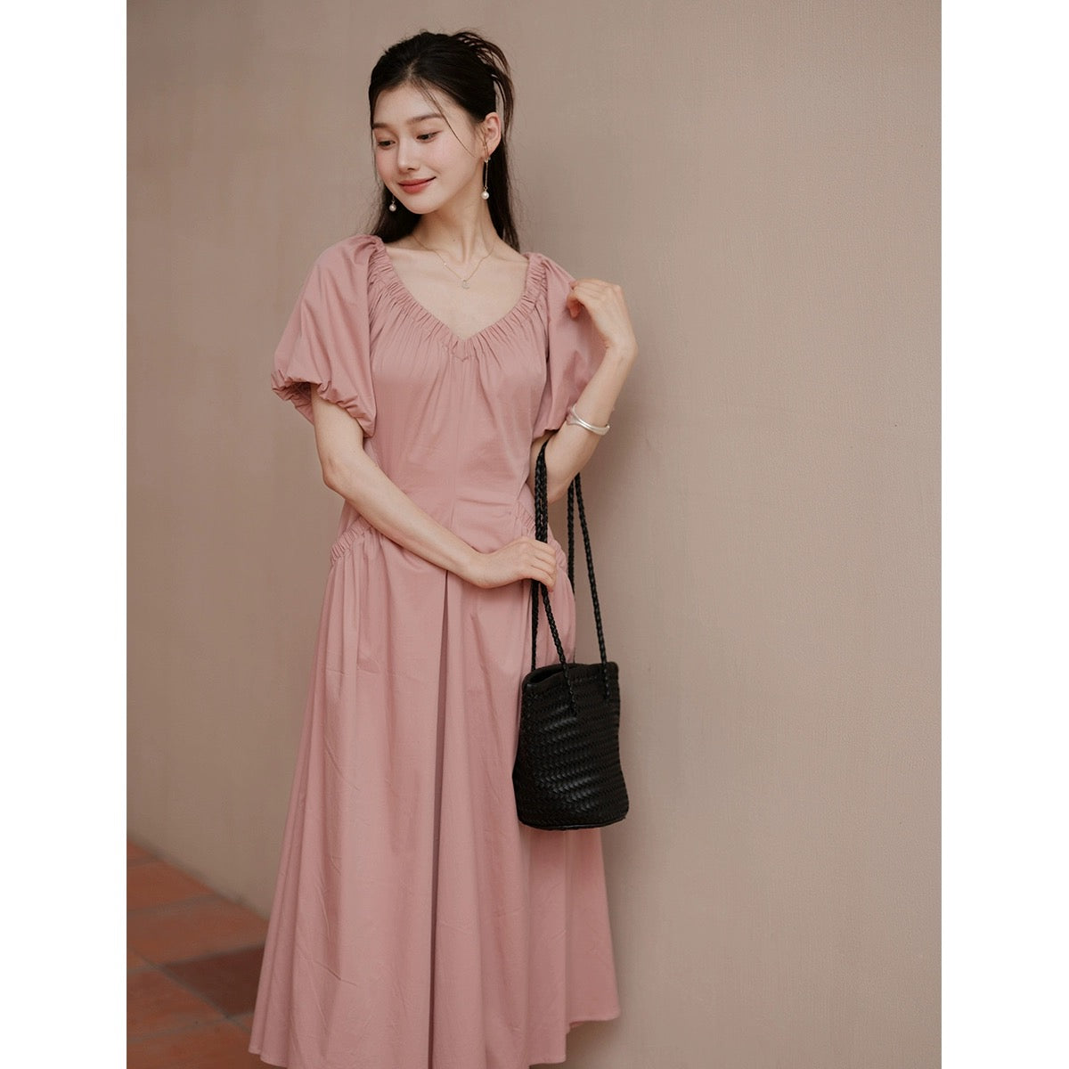 Spot TYANG Eryang [Qiongyu] Chinese style new Chinese v-neck dress women's waist design short-sleeved summer
