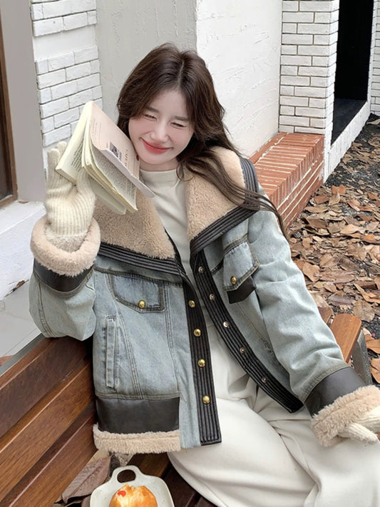 Blue denim down jacket women's short 2024 winter new thickened small lamb wool splicing 90 velvet jacket