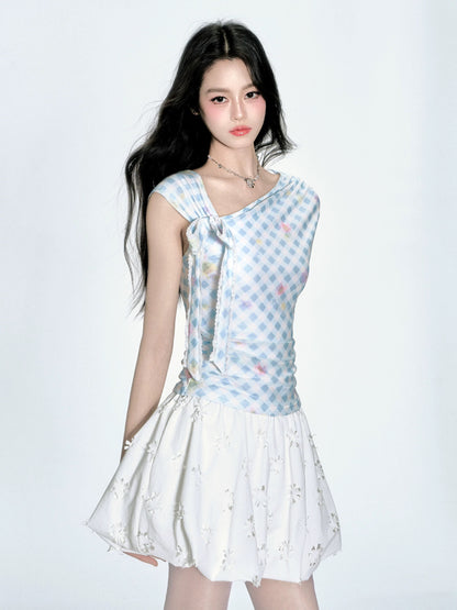 【4/23new】Fragile Store · Summer Special Blue and White Plaid Off-shoulder Short-sleeved Design T-shirt Top