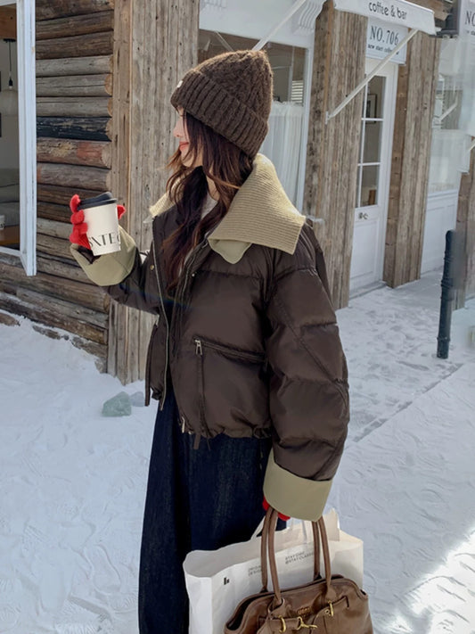 Maillard high-end knitted patchwork lapel down jacket for women 2024 winter new style small contrast white duck down jacket