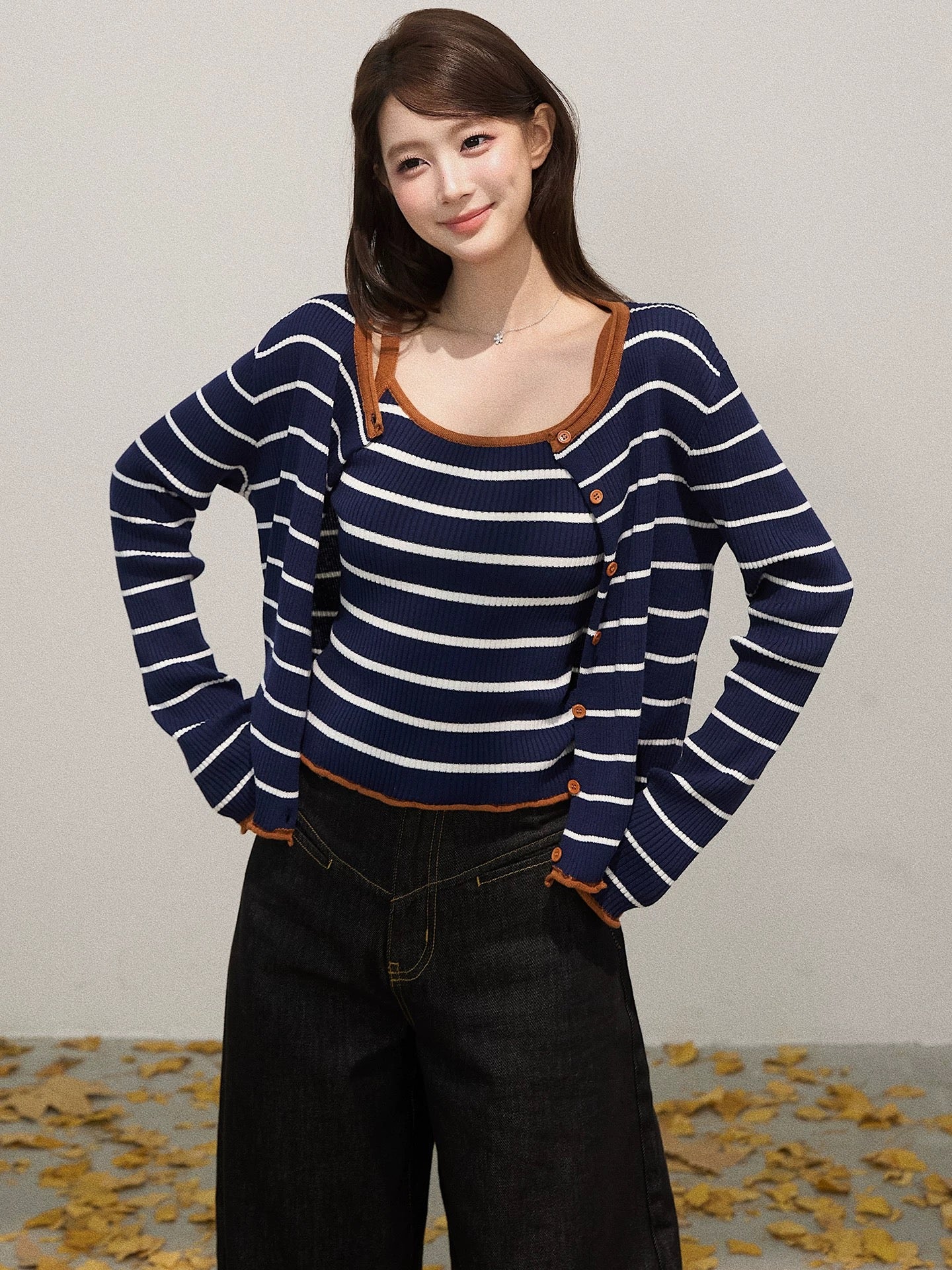 Xie Bu Rou contrast color striped collarless long-sleeved knitted cardigan women's autumn inner wear slim sleeveless vest suit