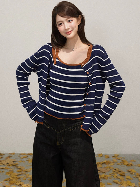 Xie Bu Rou contrast color striped collarless long-sleeved knitted cardigan women's autumn inner wear slim sleeveless vest suit