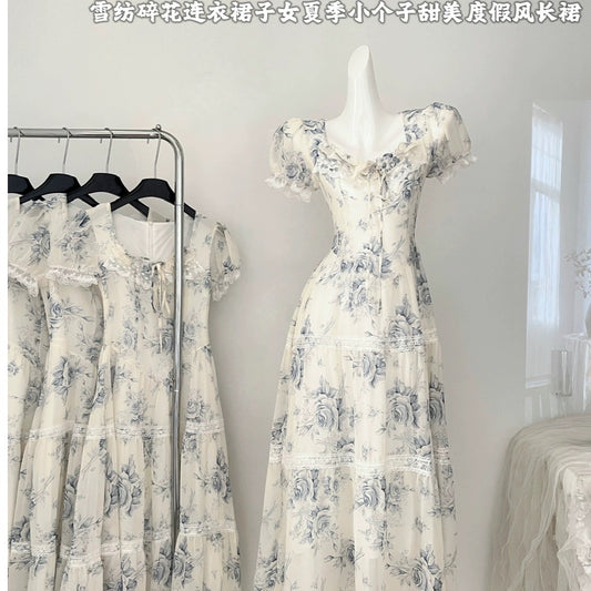 Youni's homemade French retro chiffon floral dress for women's summer sweet holiday style long dress for small people