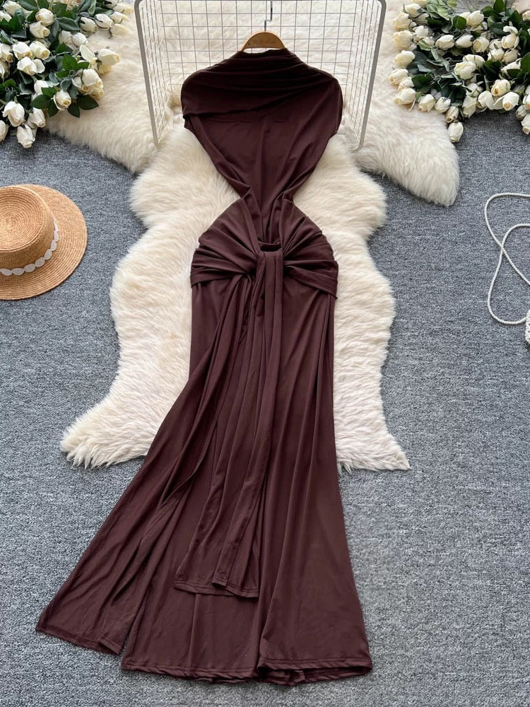 European and American minimalist sleeveless dress for women, summer style, knotted ribbon, slim fit, high-end design, mature and elegant long dress.