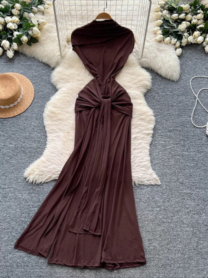 European and American minimalist sleeveless dress for women, summer style, knotted ribbon, slim fit, high-end design, mature and elegant long dress.