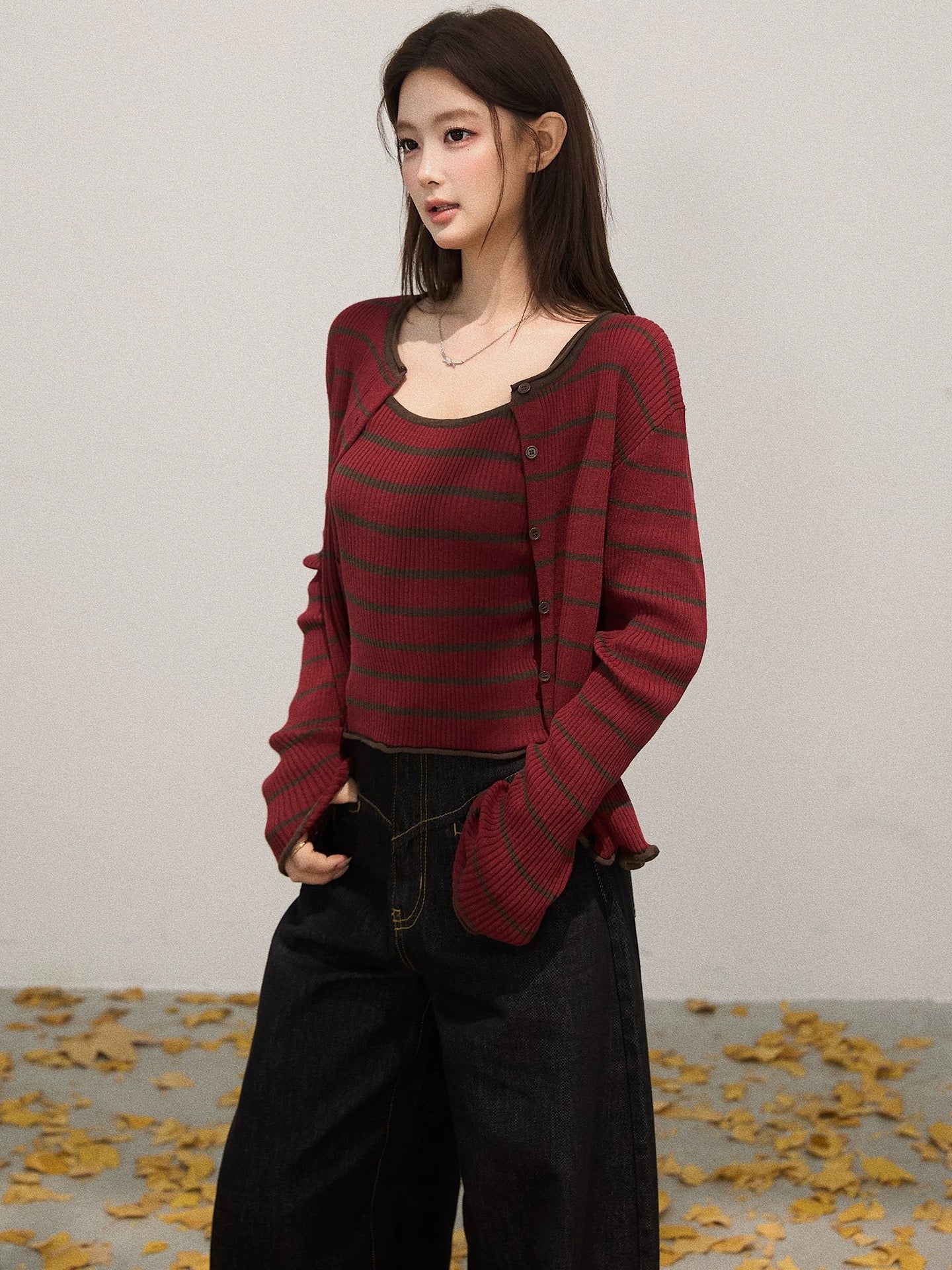 Xie Bu Rou contrast color striped collarless long-sleeved knitted cardigan women's autumn inner wear slim sleeveless vest suit