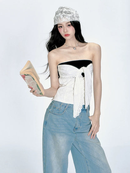 【4/23new】Fragile Store·Tipsy Moment Sweet and Spicy Pure Desire Style Contrast Color Tube Top Cotton Embroidered Top