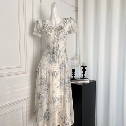Youni's homemade French retro chiffon floral dress for women's summer sweet holiday style long dress for small people
