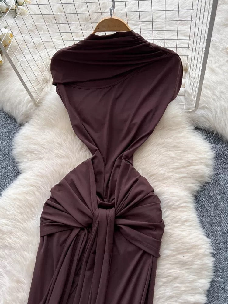 European and American minimalist sleeveless dress for women, summer style, knotted ribbon, slim fit, high-end design, mature and elegant long dress.