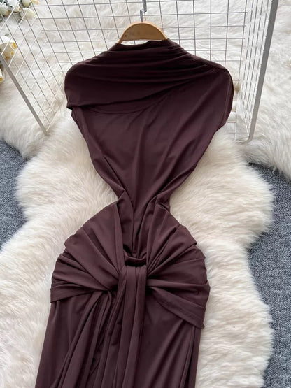 European and American minimalist sleeveless dress for women, summer style, knotted ribbon, slim fit, high-end design, mature and elegant long dress.