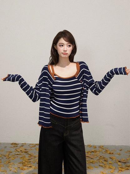 Xie Bu Rou contrast color striped collarless long-sleeved knitted cardigan women's autumn inner wear slim sleeveless vest suit