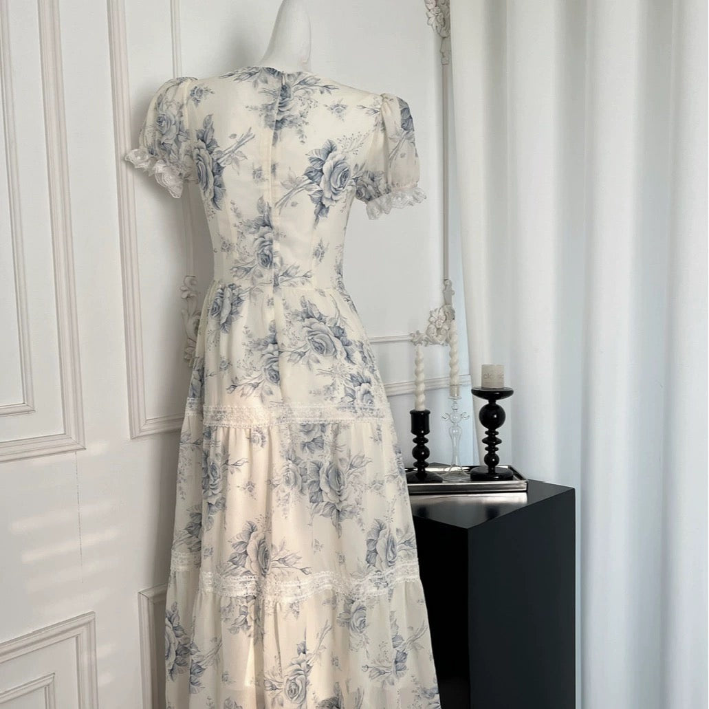 Youni's homemade French retro chiffon floral dress for women's summer sweet holiday style long dress for small people
