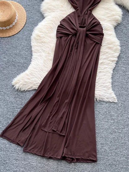 European and American minimalist sleeveless dress for women, summer style, knotted ribbon, slim fit, high-end design, mature and elegant long dress.