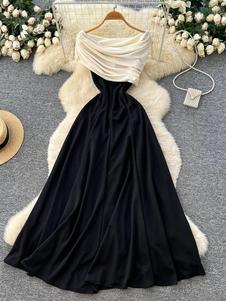 French goddess style, high-end color-blocked shawl, waist-cinching, slimming, elegant off-the-shoulder black dress
