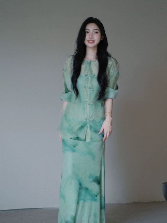 TYANG Design [Qingcheng] Chinese Style New Chinese Ink Disk Button Cardigan Mesh Sling Dress for Women