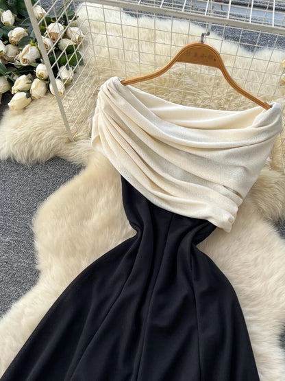 French goddess style, high-end color-blocked shawl, waist-cinching, slimming, elegant off-the-shoulder black dress