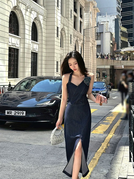 ZQ Ziqing's "Hong Kong Rose" 3D Floral Backless Denim Dress - New Summer Style, Slim Fit Long Dress