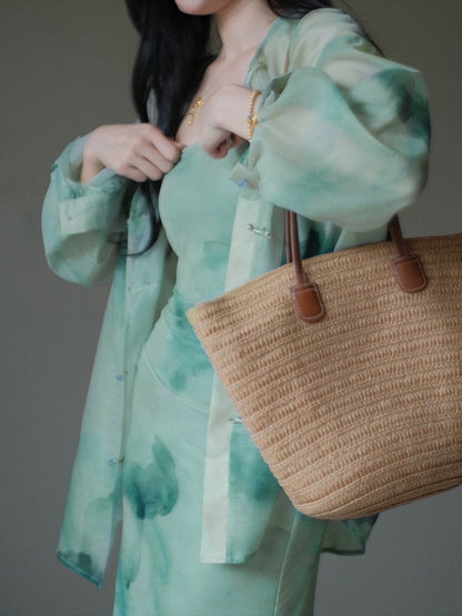 TYANG Design [Qingcheng] Chinese Style New Chinese Ink Disk Button Cardigan Mesh Sling Dress for Women
