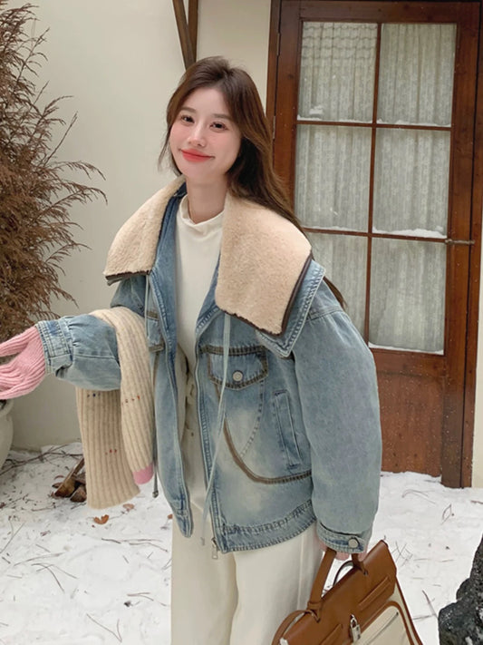 Blue denim down jacket women's short 2024 winter new thickened age-reducing design large lapel 90 velvet jacket