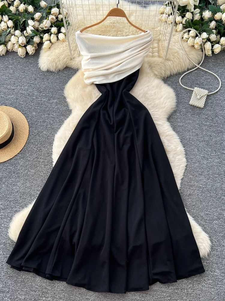 French goddess style, high-end color-blocked shawl, waist-cinching, slimming, elegant off-the-shoulder black dress