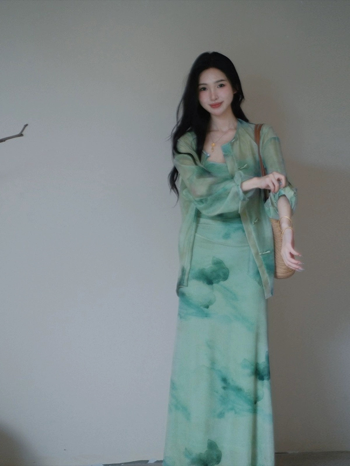 TYANG Design [Qingcheng] Chinese Style New Chinese Ink Disk Button Cardigan Mesh Sling Dress for Women