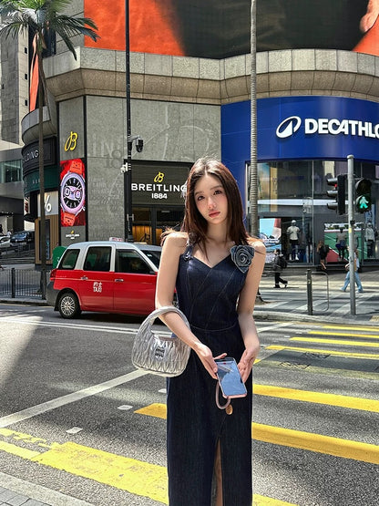 ZQ Ziqing's "Hong Kong Rose" 3D Floral Backless Denim Dress - New Summer Style, Slim Fit Long Dress